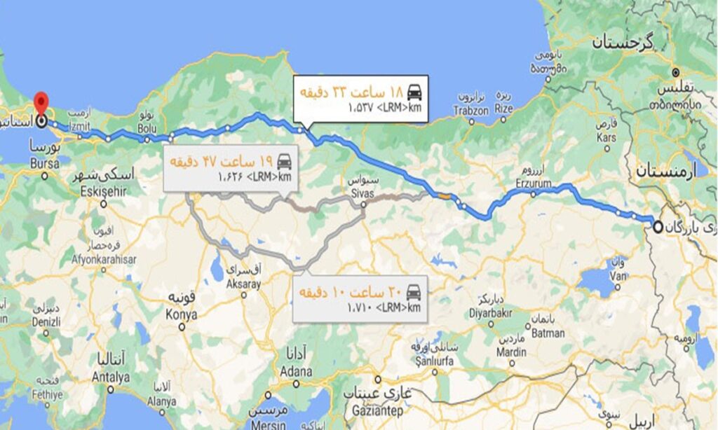 فاصله مرز بازرگان تا استانبول